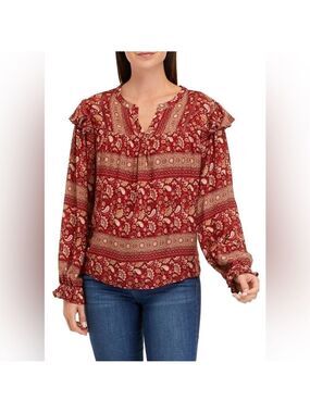 Women's peasant Split Neck Woven Top floral, paisley Boho pattern, size PL